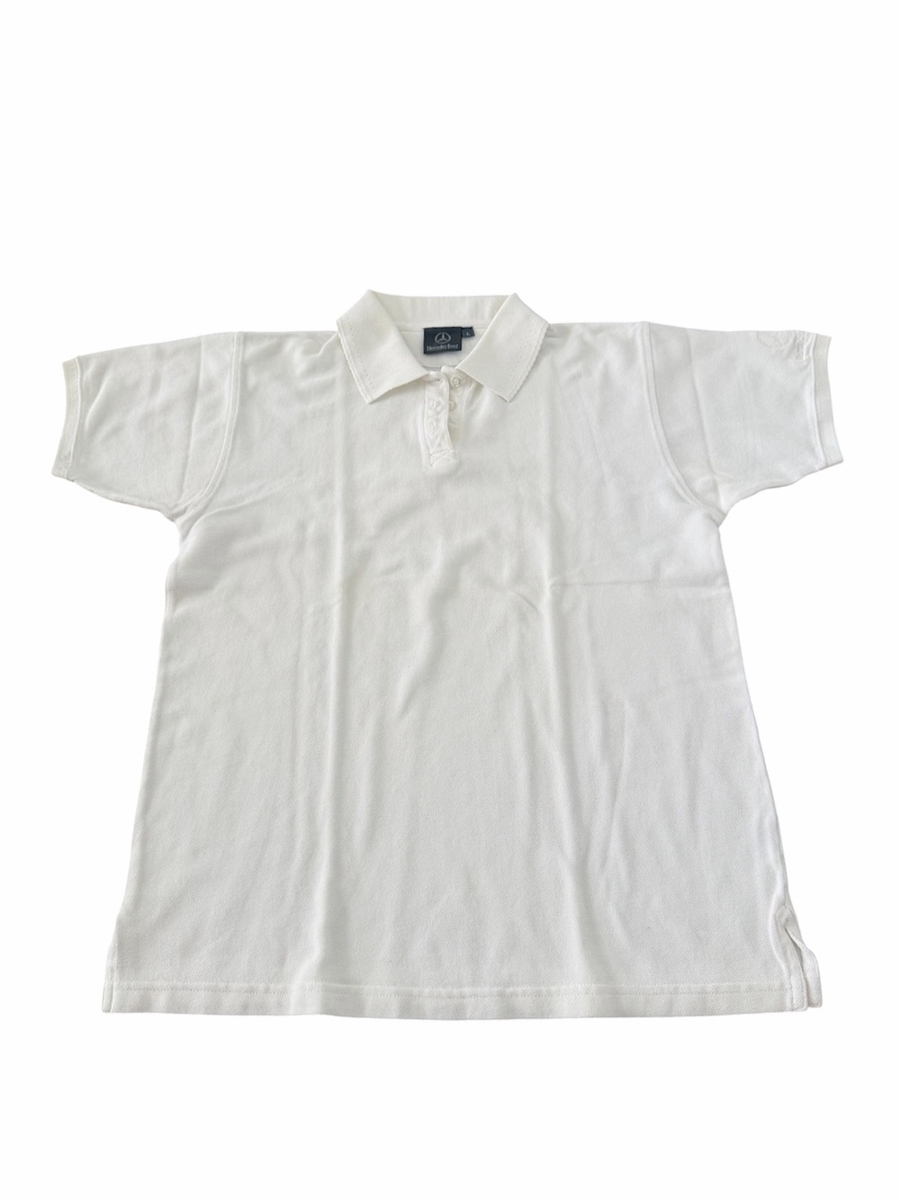 MERCEDES BENZ Merch Classic White Polo Shirt Scalloped Womens SZ Large Like New